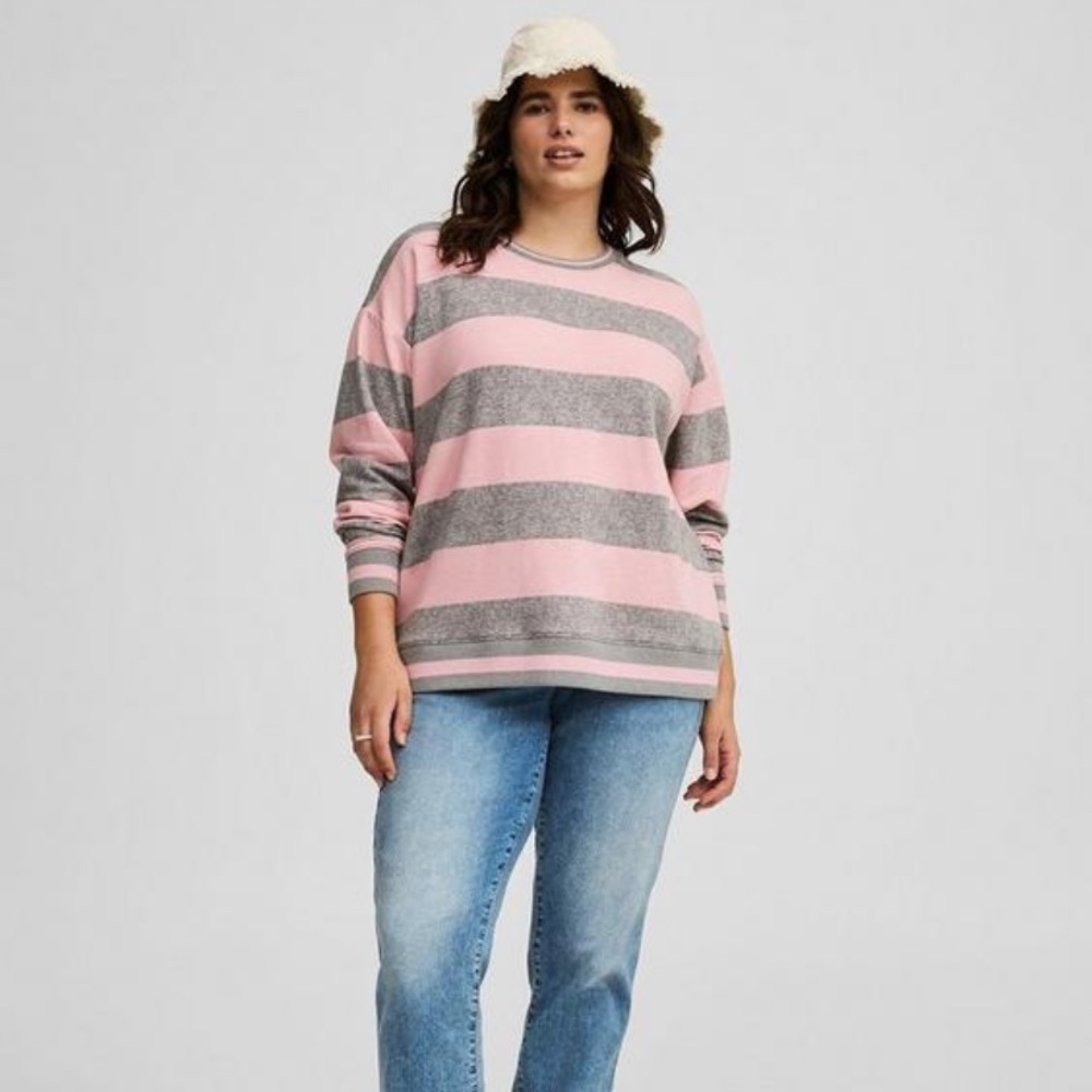 Bleached Mauve Heather Grey Stripe Drop Shoulder Crew Sweatshirt